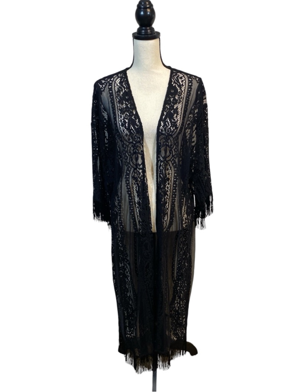GILI Black Mesh Lace Fringe Long Duster Size Small